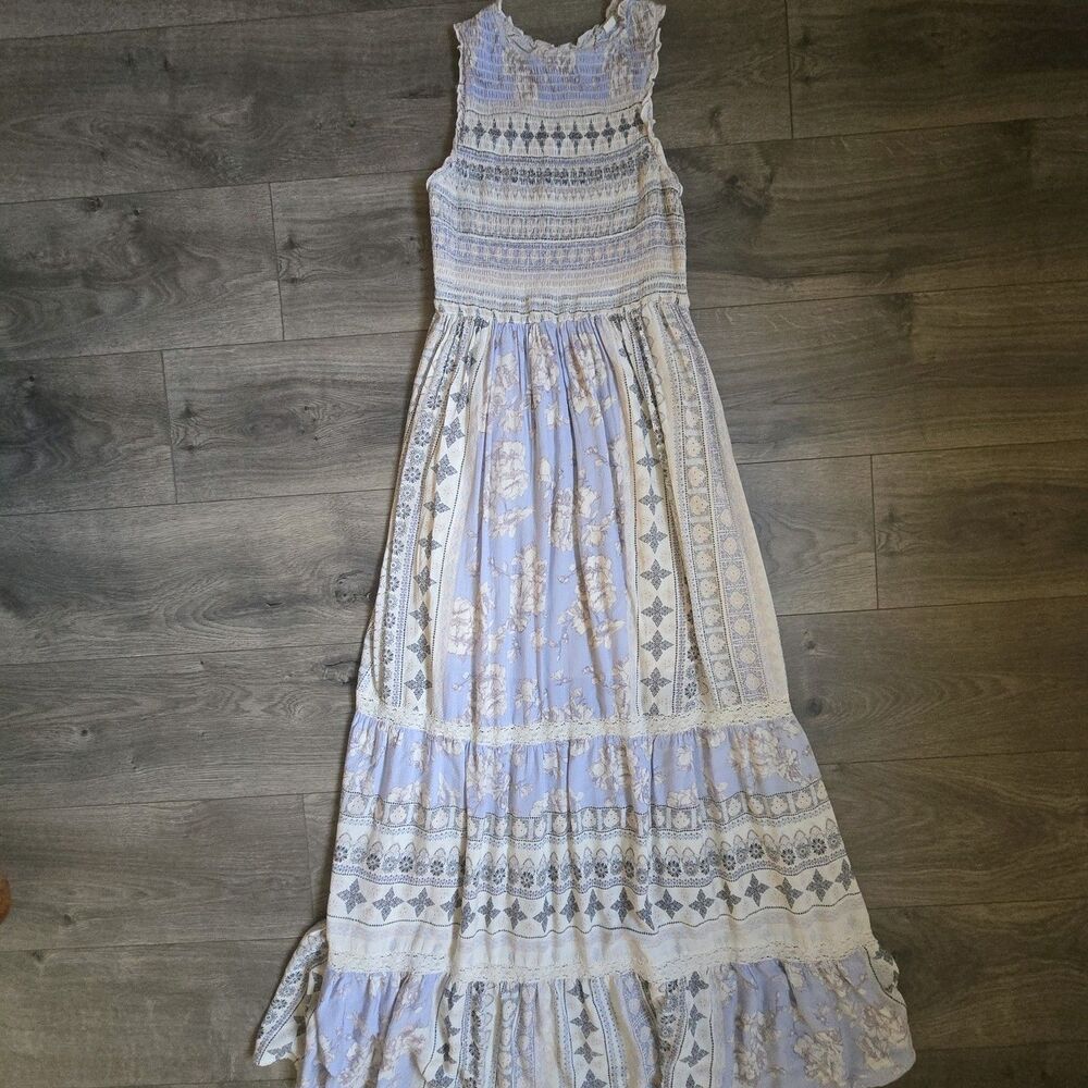 Altard State Dress Medium M Blue Ivory Floral Smocked Tiered Boho Maxi Lined